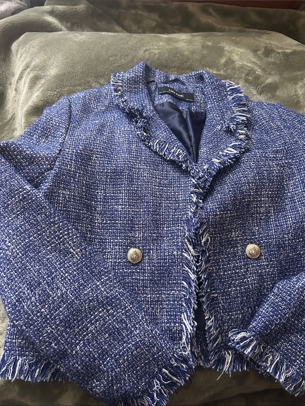 Zara Royal Blue Tweed Fringe Blazer